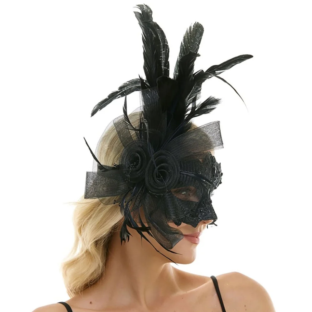 Black Elegant Flower Feather Lace Half Face Mask Masquerade Headpiece EyeMask